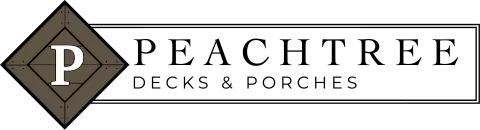 Peachtree Decks & Porches logo, features their P icon on the left side in white on a dark brown diamond. The company name is spelled out on the right in black and wrapped in a border on transparency.