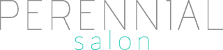 Perennial Salon logo. The word Perennial is on top in black, the word Salon is on the bottom in bright turquoise. All text is extremely thin. It is on a transparent background.
